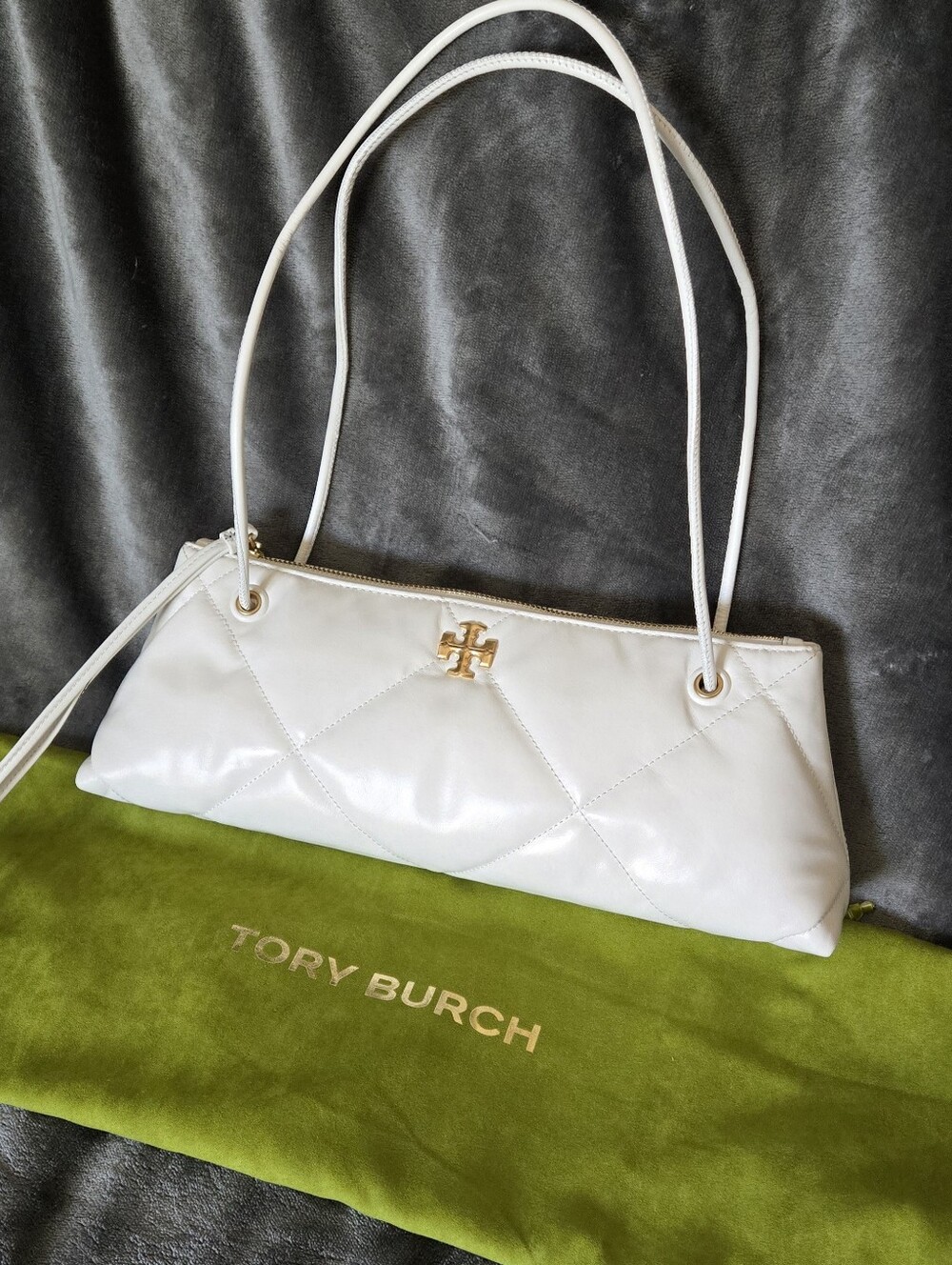 Tory Burch White Quilted Leather Shoulder Bag with Gold Logo Accent